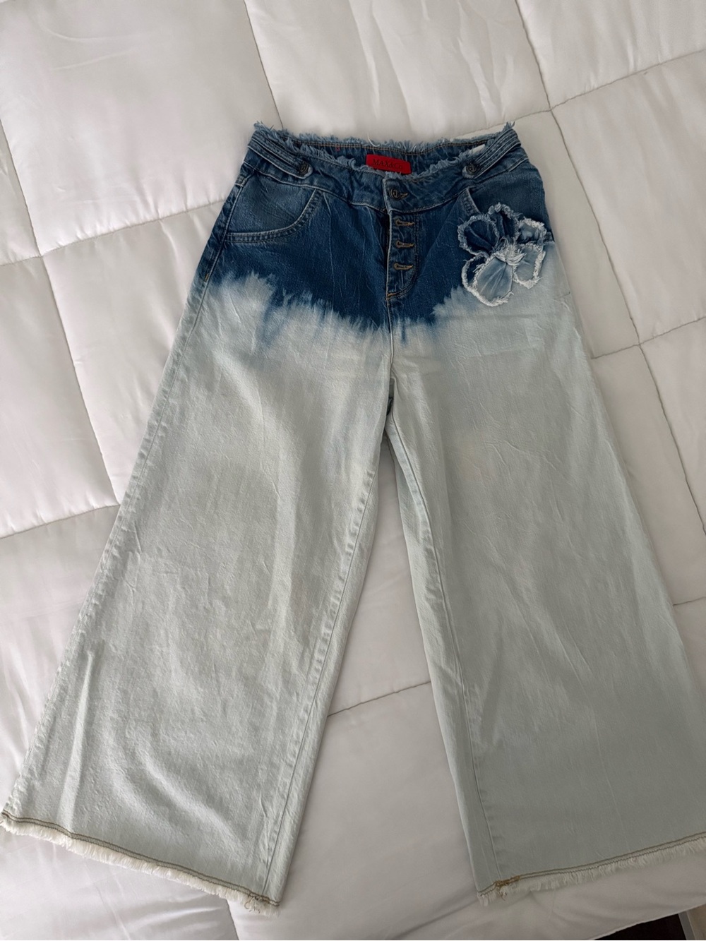 Max&Co. Dip-Dye Wide Leg Jeans with Floral Patch - Blue